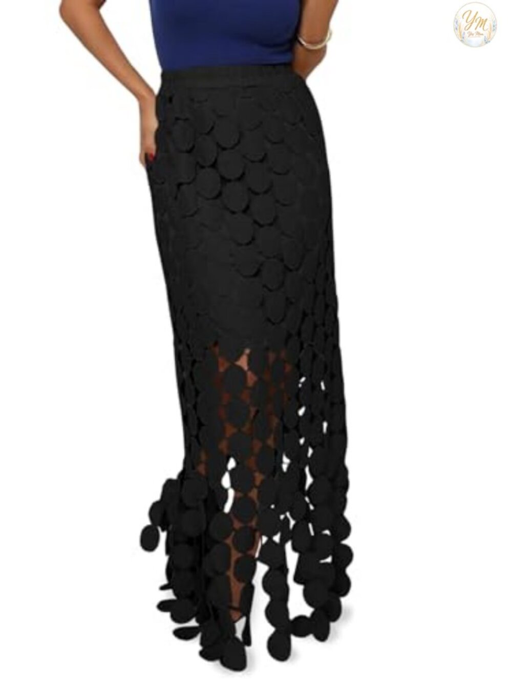 Boho Hollow Out Maxi Skirt with Fringe Hem High Waist Summer Circle Skirt